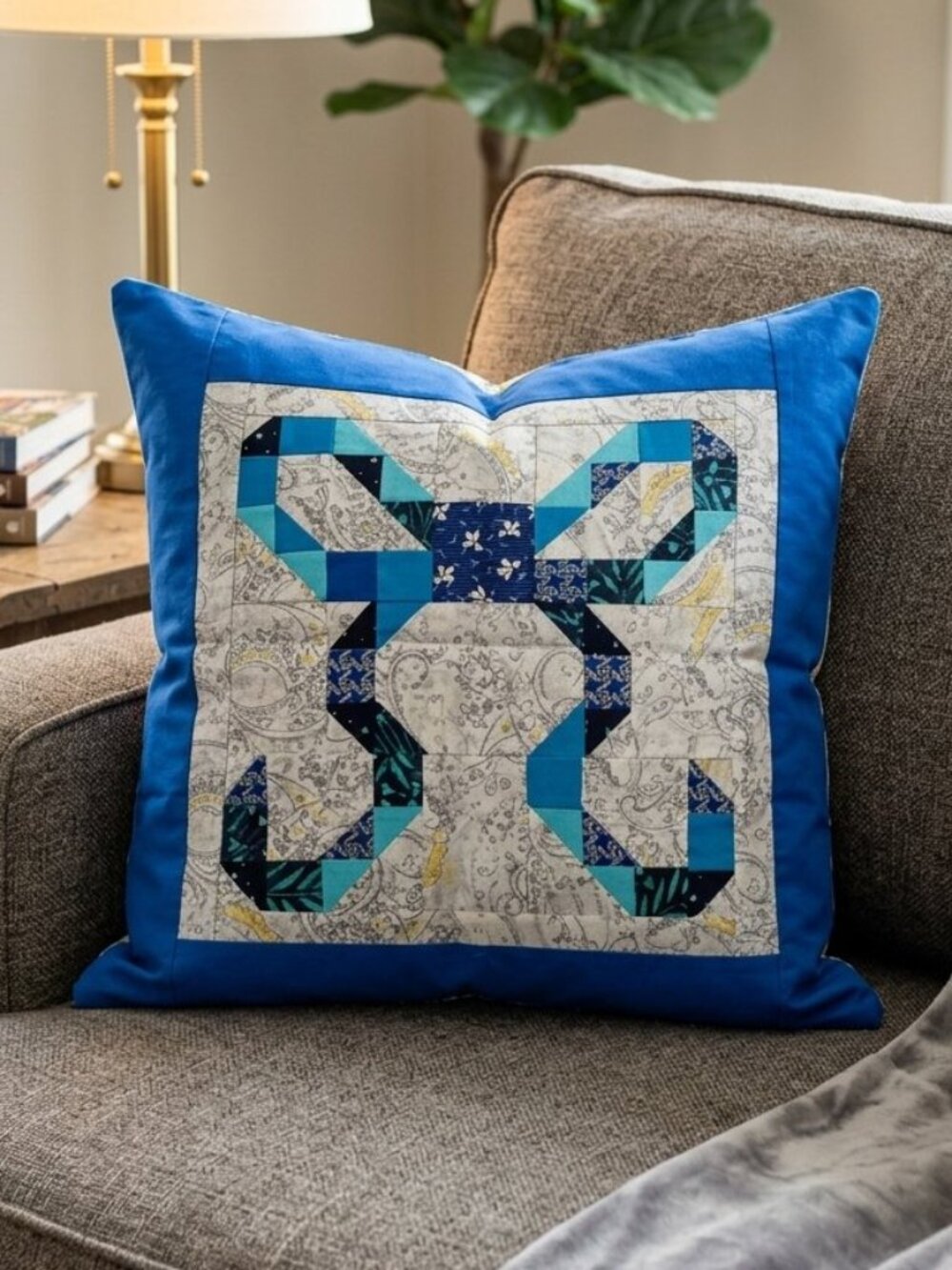 Handmade Cushion Cover 17" Square Quilted Blue Ribbon Bow Block Home Decor
